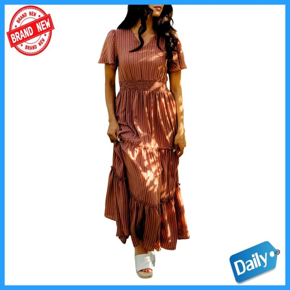 Chiffon Midi Dress with Flutter Sleeves Elastic Waist Formal Wear